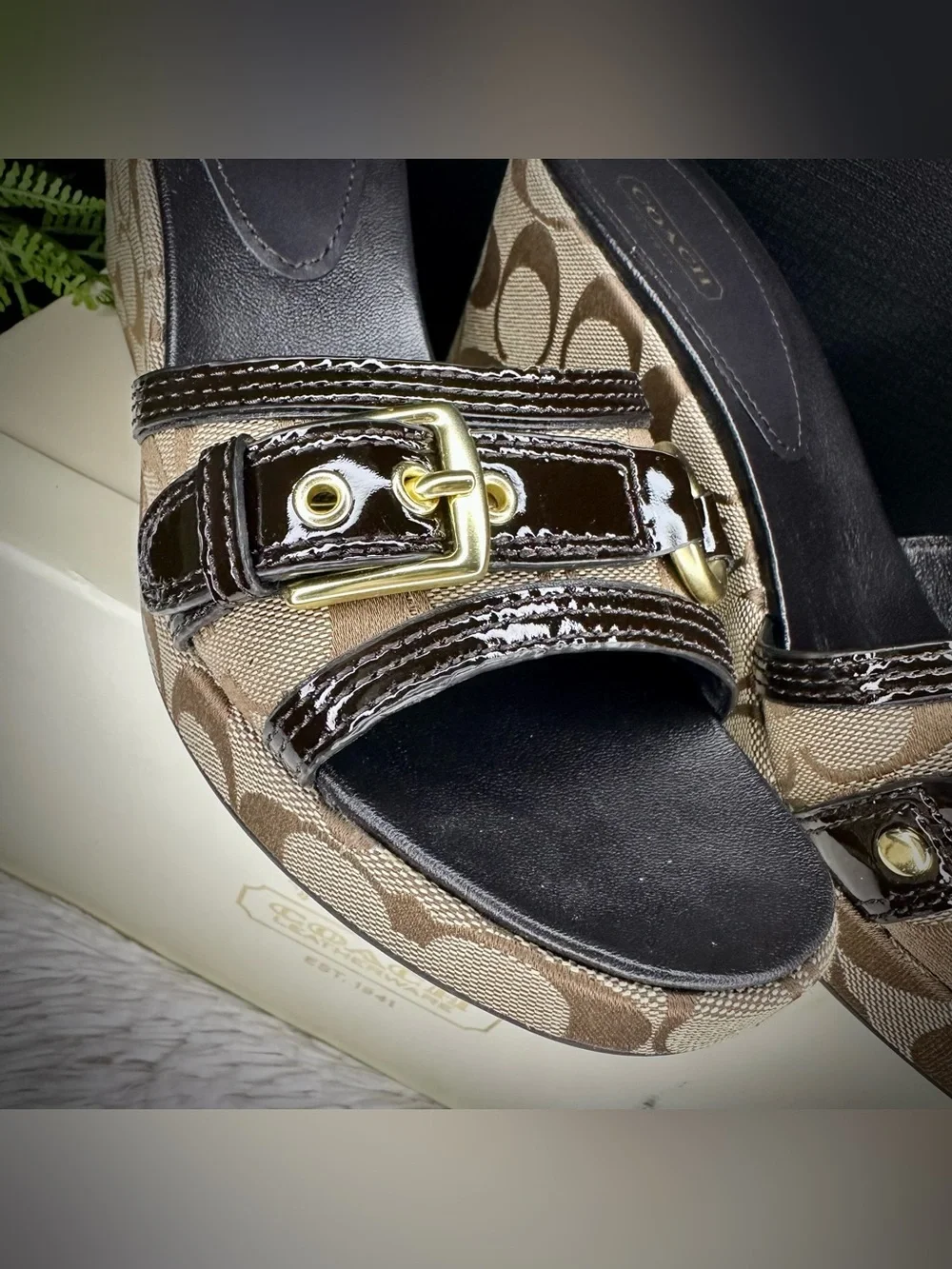 Coach Y2K Jewel Brown Brass Signature Buckle Wedge Sandal Slides Size 9.5 womens